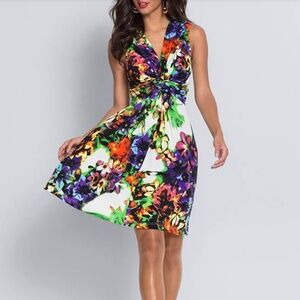 NEW Venus V Neck Twist, Flowing brilliant multi-color summer dress SZ Med